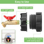 275-330 Gallon IBC Tote Tank Adapter - 2.44" Fine Thread, 1/2" NPT × 3/4" GHT Male Fittings with Garden Hose Quick Connector