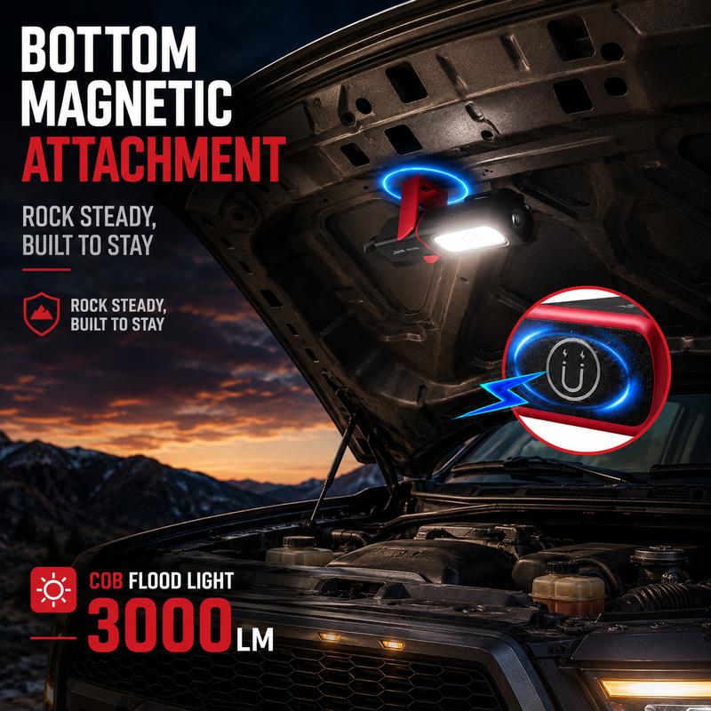 📢📢40% OFF !! ⏰SAKERPLUS Rechargeable Work Light, 3000LM COB LED Magnetic Mechanic Light with 360° Swivel Hook, 180° Adjustable Stand, Flashlight Mode, USB-C Charging, IP54 Water-Resistant for Car Repair, Garage & Camping