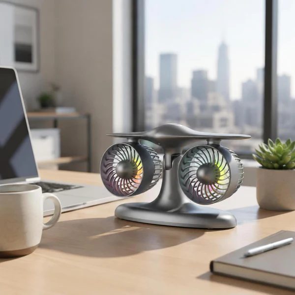 Desktop TwinFan - Compact Double Turbine Desk Fan with RGB Ambient Light for Office & Study