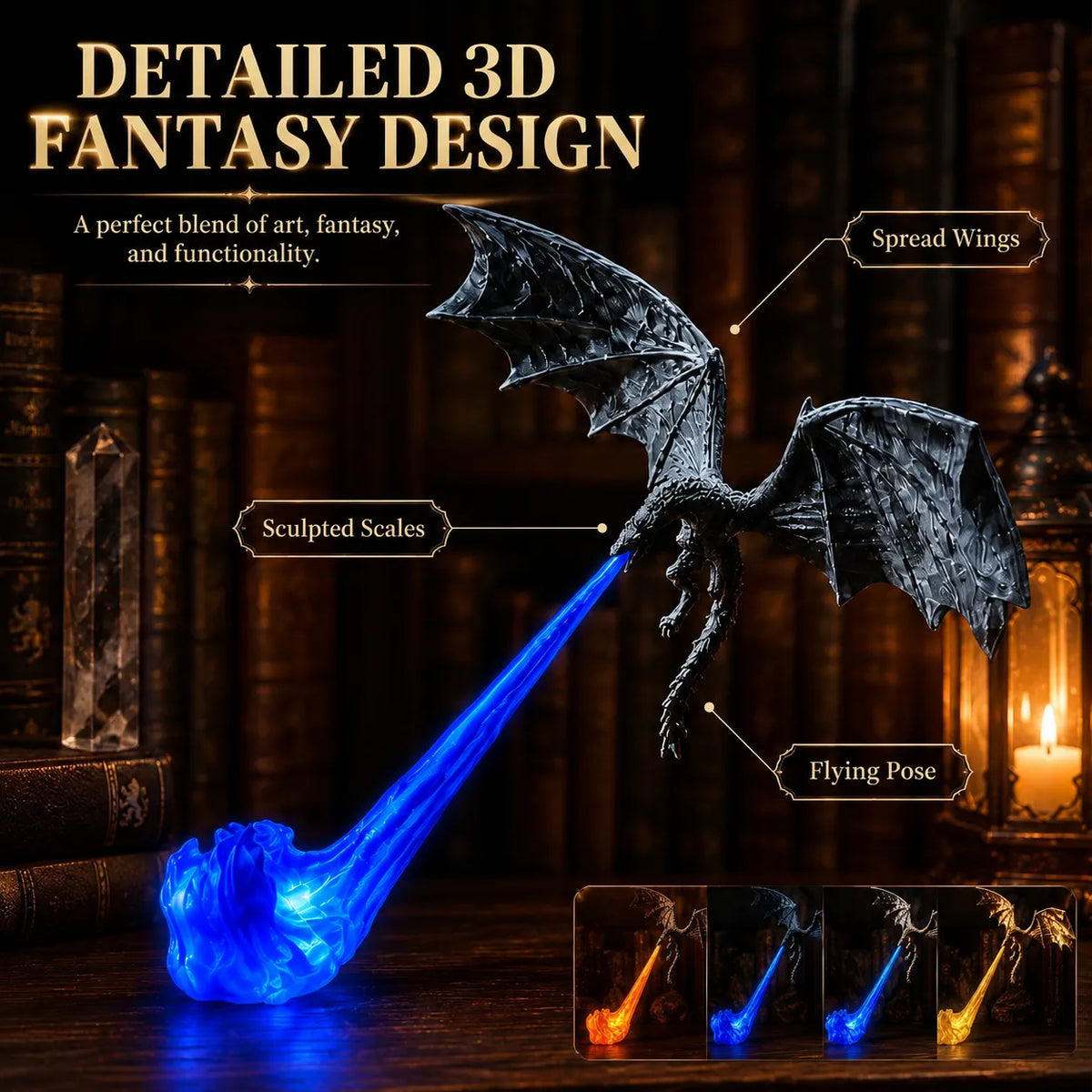 🐉 Dragon Bookshelf Nook Light — 3D Fire-Breathing Fantasy Shelf Decor 🔥