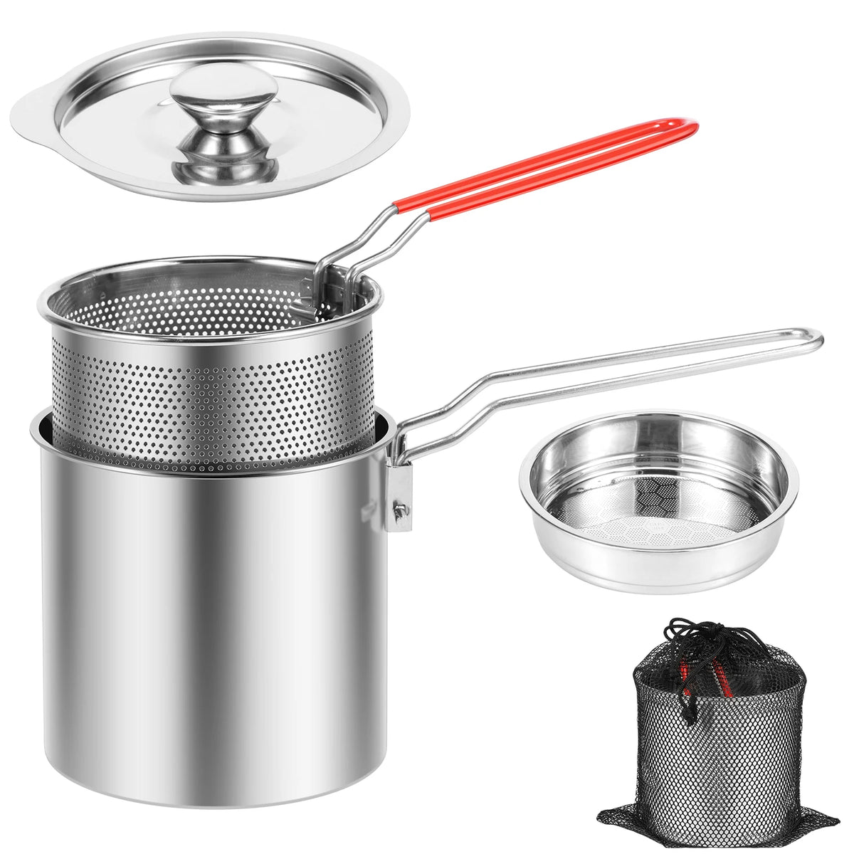 Deep Fryer Pots Stainless Steel Deep Frying Pot Portable Kitchen Oil Fryer Pots with Strainer Basket Handle and Lids for Cooking