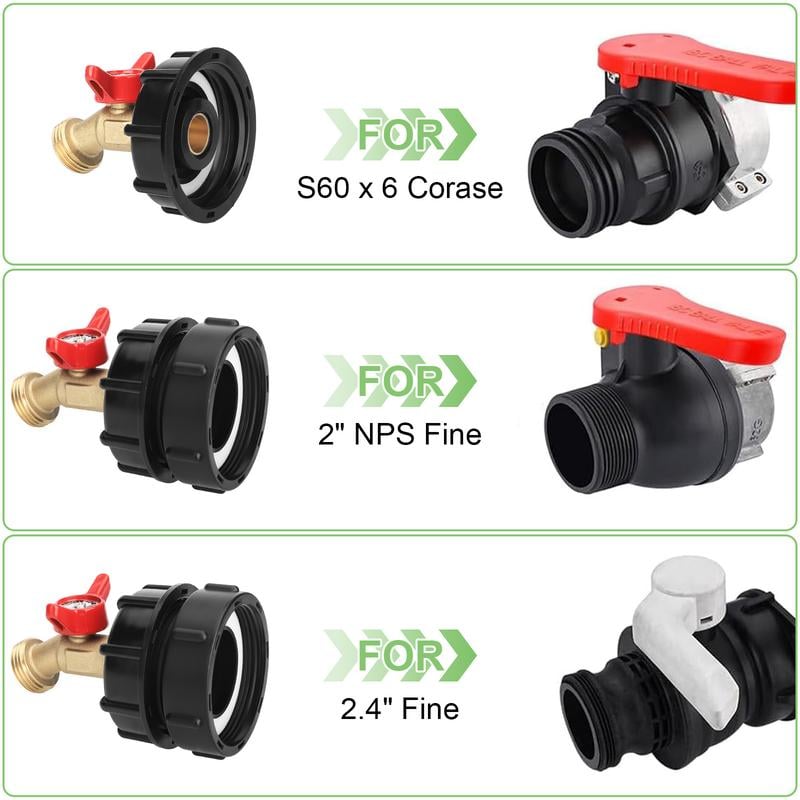 275-330 Gallon IBC Tote Tank Adapter - 2.44" Fine Thread, 1/2" NPT × 3/4" GHT Male Fittings with Garden Hose Quick Connector