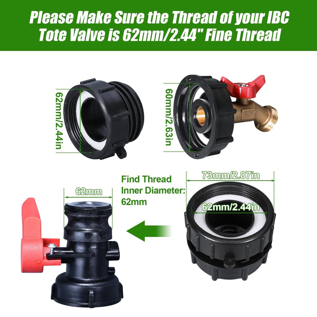 275-330 Gallon IBC Tote Tank Adapter - 2.44" Fine Thread, 1/2" NPT × 3/4" GHT Male Fittings with Garden Hose Quick Connector