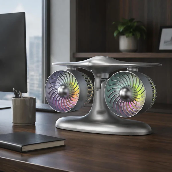 Desktop TwinFan - Compact Double Turbine Desk Fan with RGB Ambient Light for Office & Study