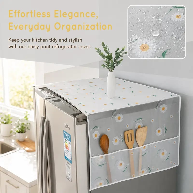 Daisy Print Refrigerator Dust Cover with Storage Pockets