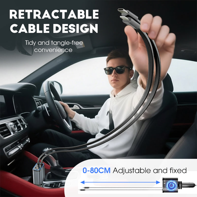 ⚡ BUY 2 GET 1 FREE! ✨ Ultra-fast 4-in-1 Car Charger 90W – With Retractable Cables & Ambient Starlight 🚗🌌