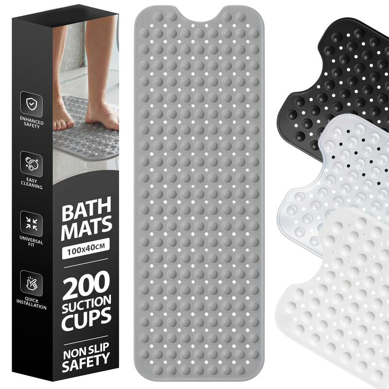 ZENO Bath Mat 100x40cm | Non-Slip Anti-Mould | 200 Suction Cups with Drain Holes | Large Rubber | Machine Washable & Durable