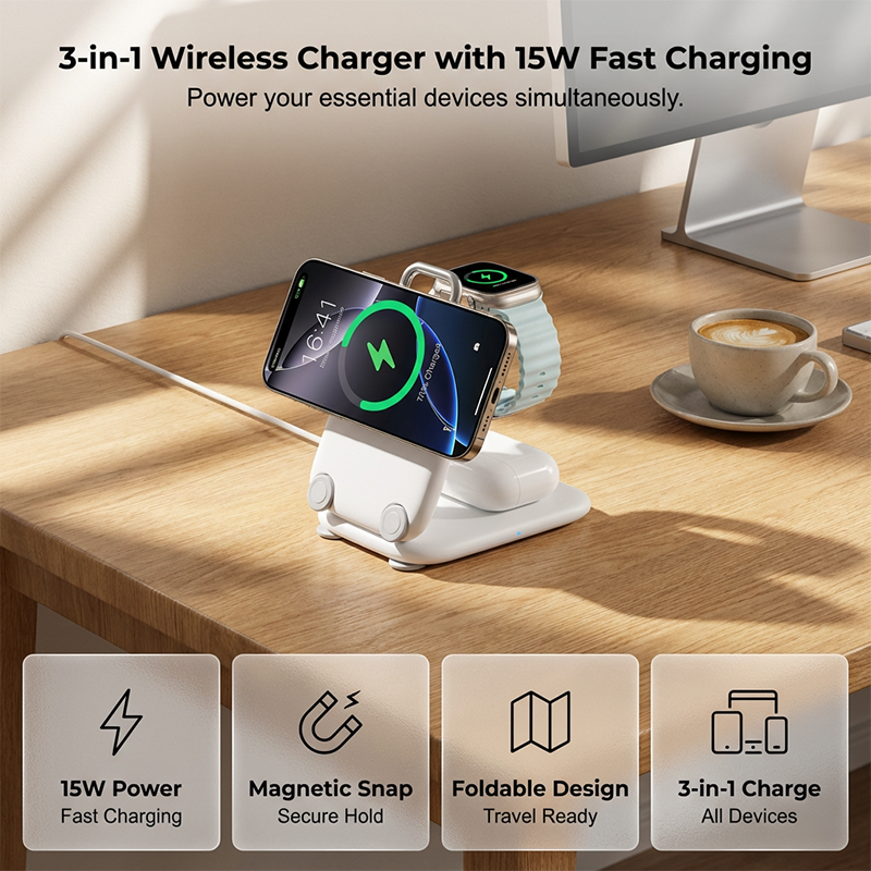 🔥HOT SALE＆50％OFF🔥Foldable Magnetic Wireless Charger 3-in-1 – Portable Charging Station for Phone, Watch & Earbuds