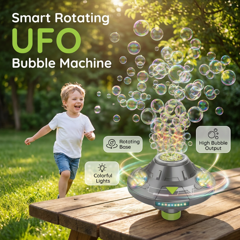 🛸🫧 UFO bubble machine – 360° rotation, LED lights, obstacle avoidance!