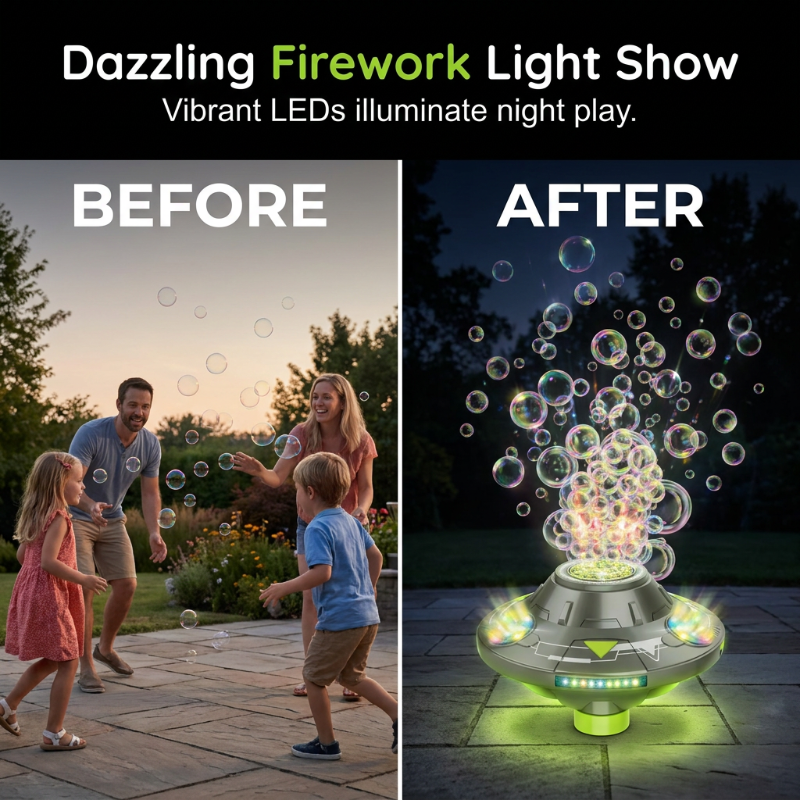🛸🫧 UFO bubble machine – 360° rotation, LED lights, obstacle avoidance!