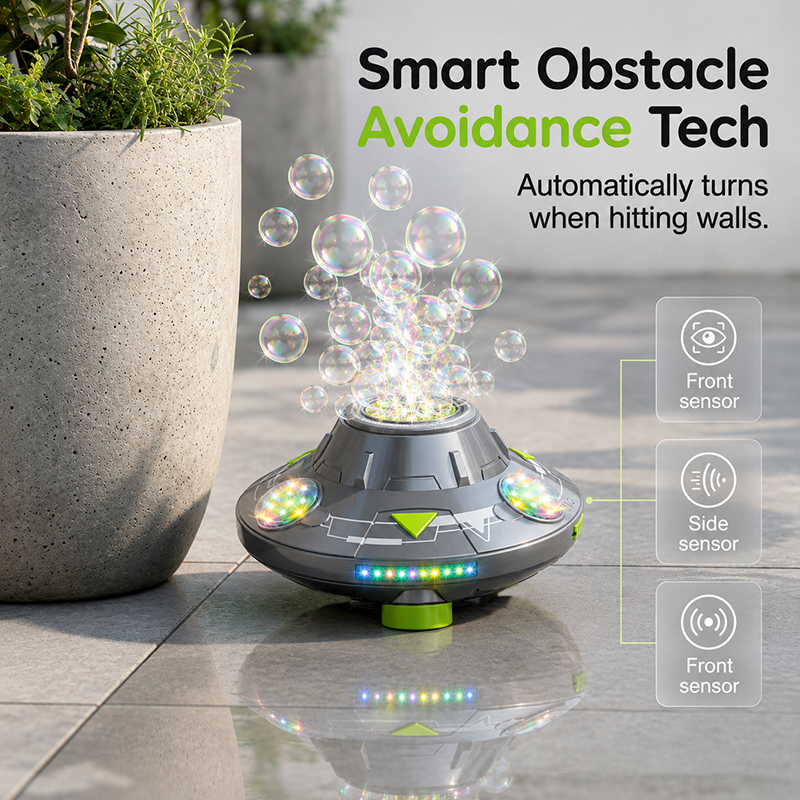 🛸🫧 UFO bubble machine – 360° rotation, LED lights, obstacle avoidance!