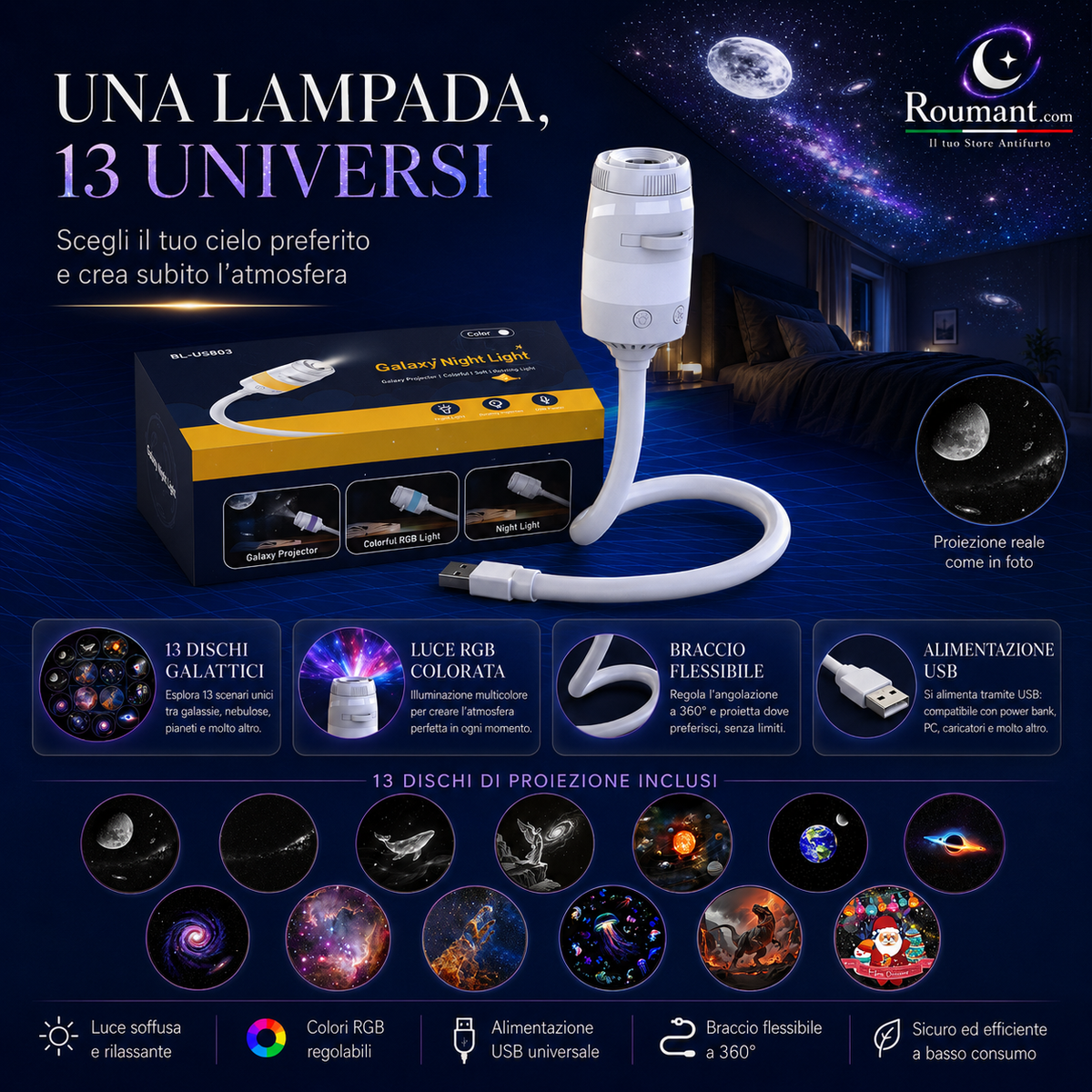 🌌 49% OFF NOW! 💫 USB lamp with starry sky projection – 13 interchangeable film discs & flexible neck – perfect for the bedroom ✨