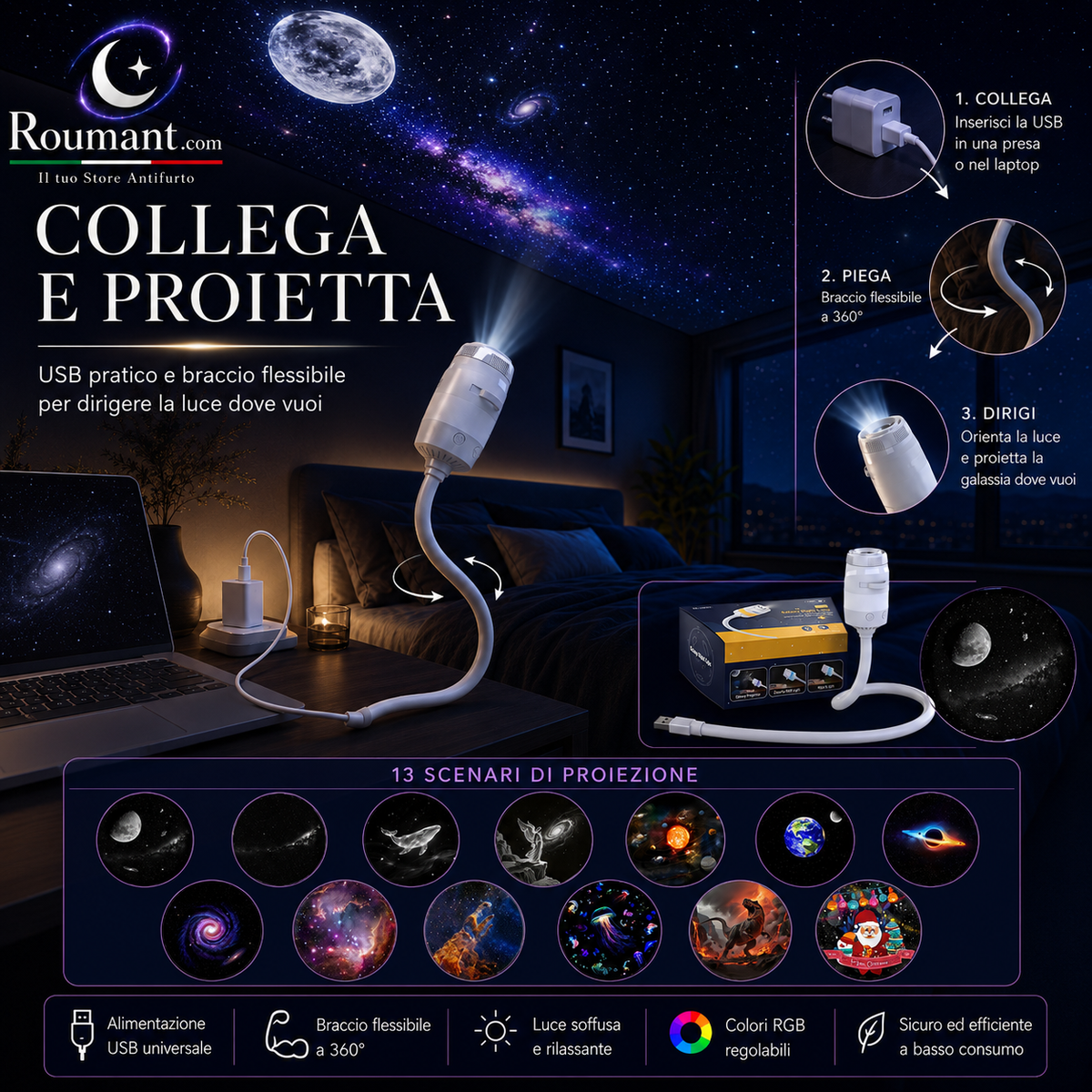 🌌 49% OFF NOW! 💫 USB lamp with starry sky projection – 13 interchangeable film discs & flexible neck – perfect for the bedroom ✨